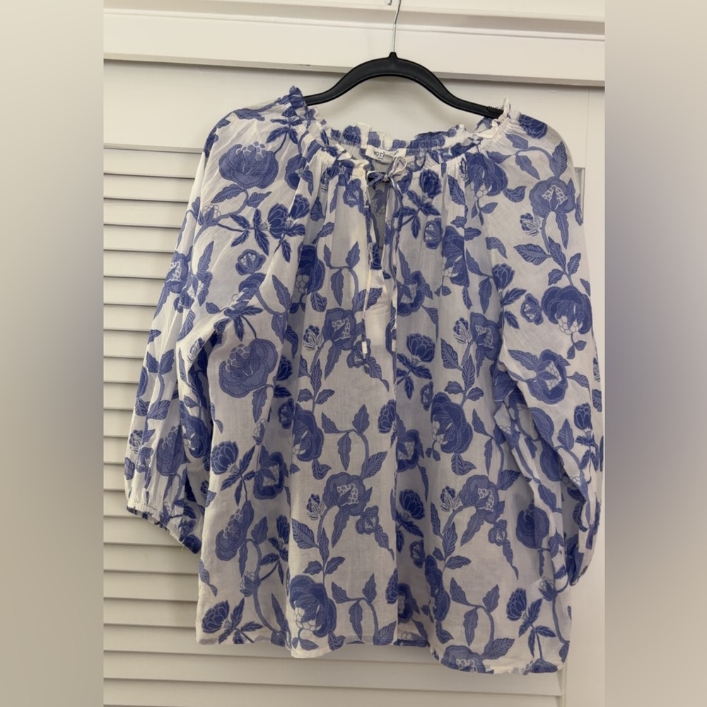 Workshop Republic Clothing White Peasant Blouse with Blue Floral Print